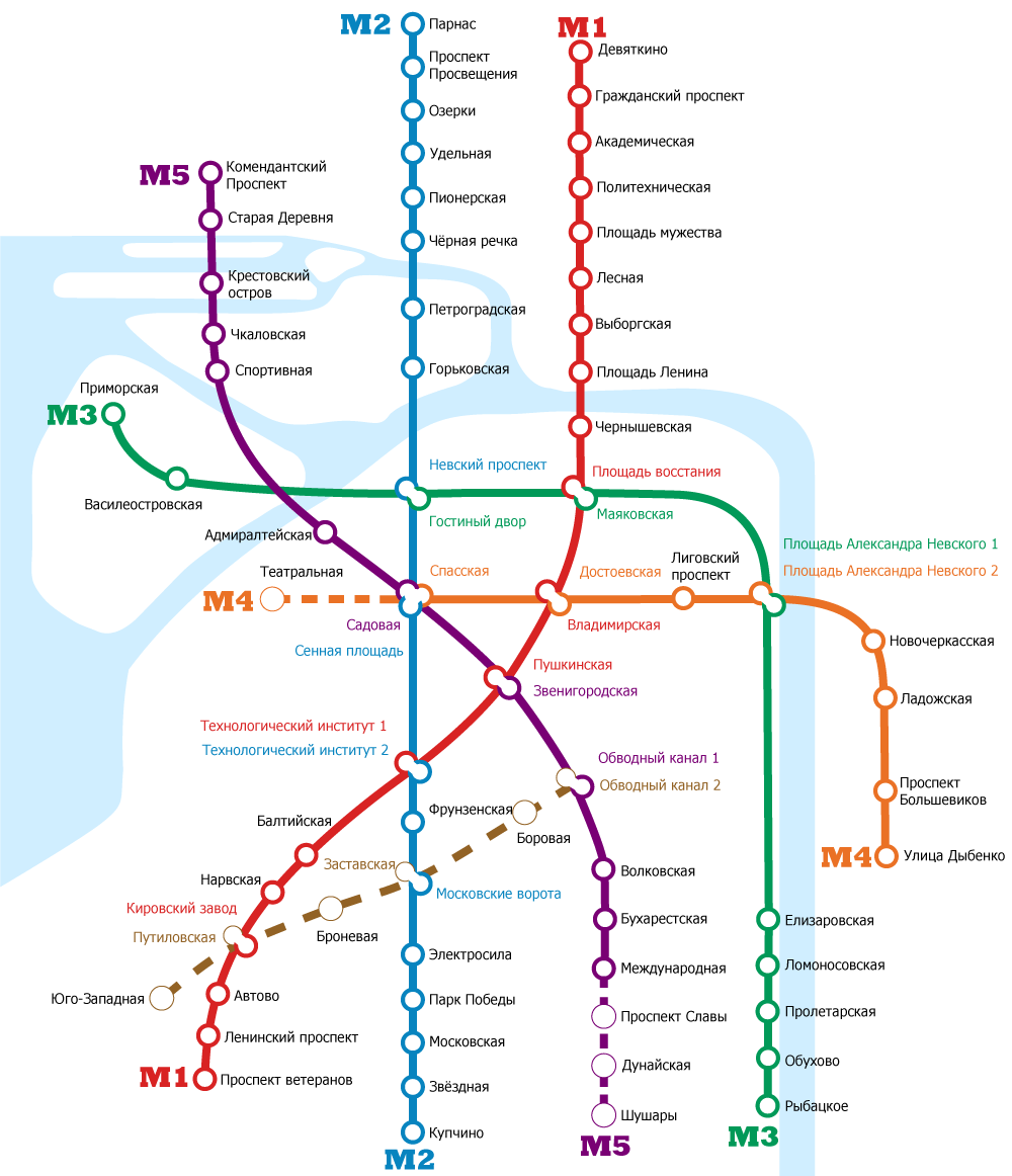 Карта метро Санкт-Петербурга, на которой линии и станции расположены в соответствии с картой города